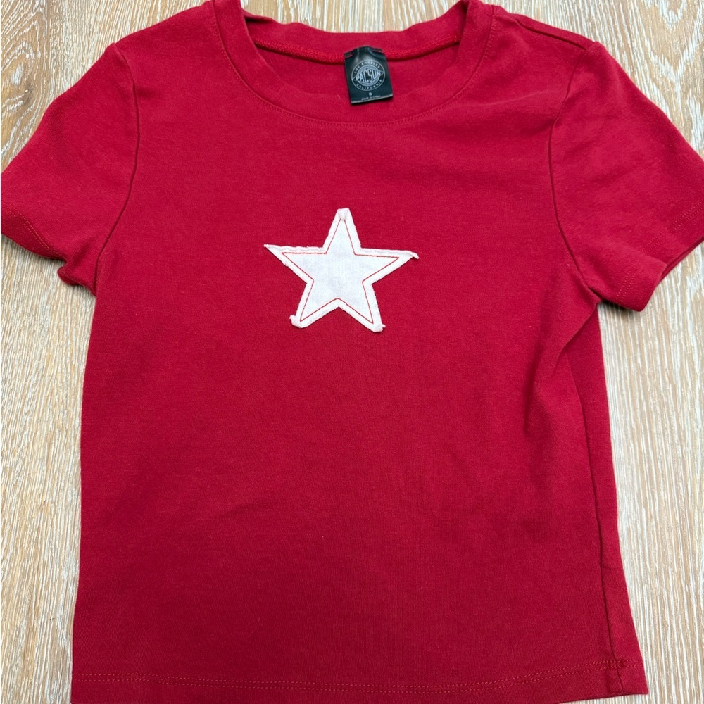 PacSun Red and White Crop Top with Star Design